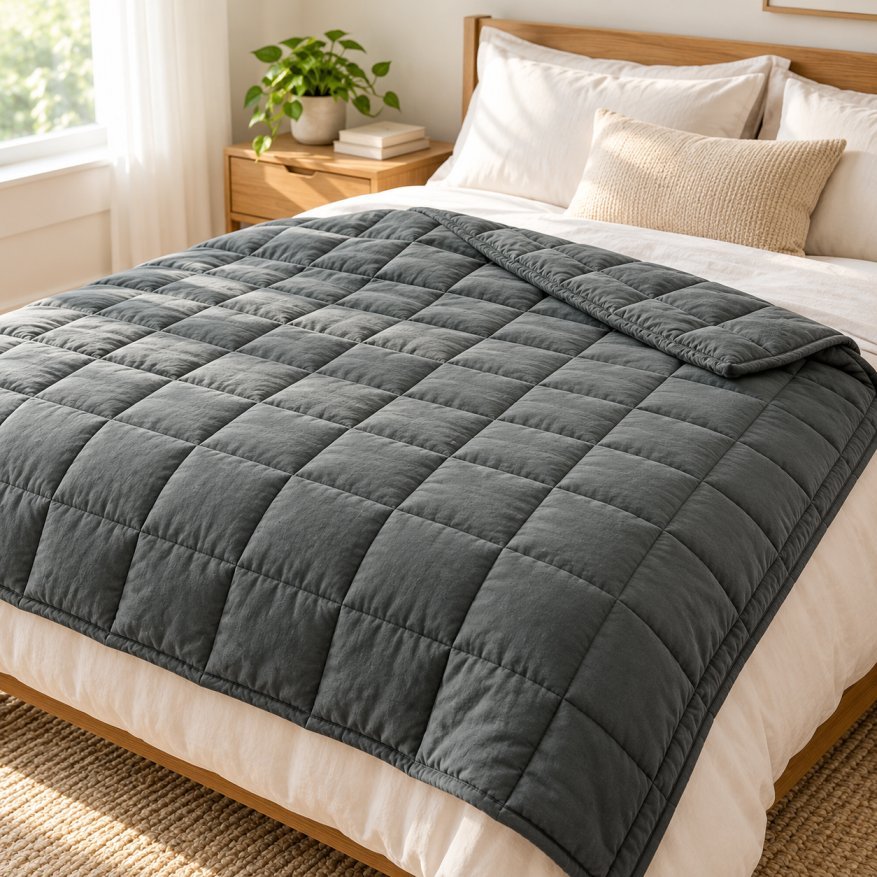 Quilted Velin weighted blanket spread across a bed